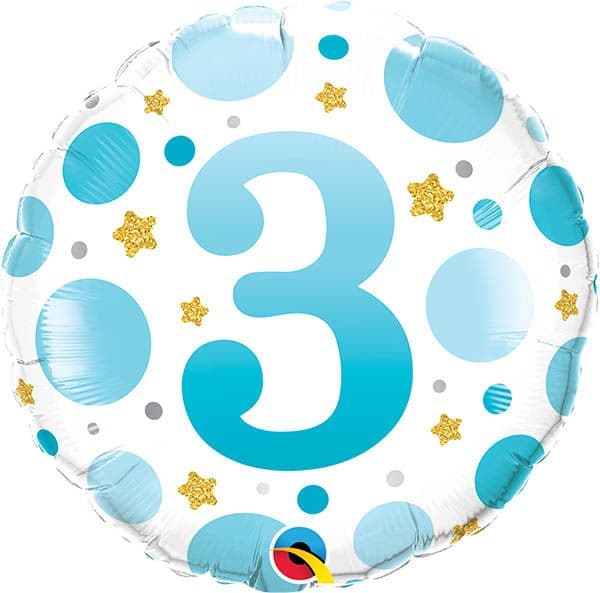 18 INCH FOIL RND AGE 3 BLUE DOTS 1CTP