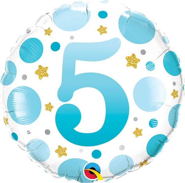 18 INCH FOIL RND AGE 5 BLUE DOTS 1CTP