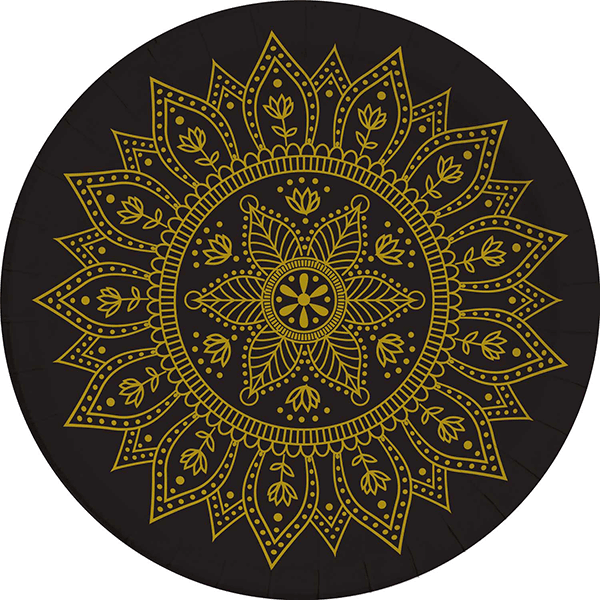 MANDALA BLACK AND GOLD PAPER PLATE 23CM 8CT