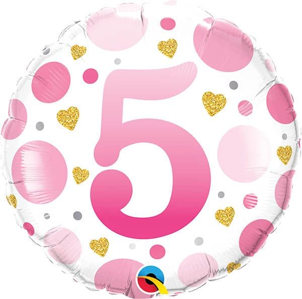 18 INCH FOIL RND AGE 5 PINK DOTS 1CTP