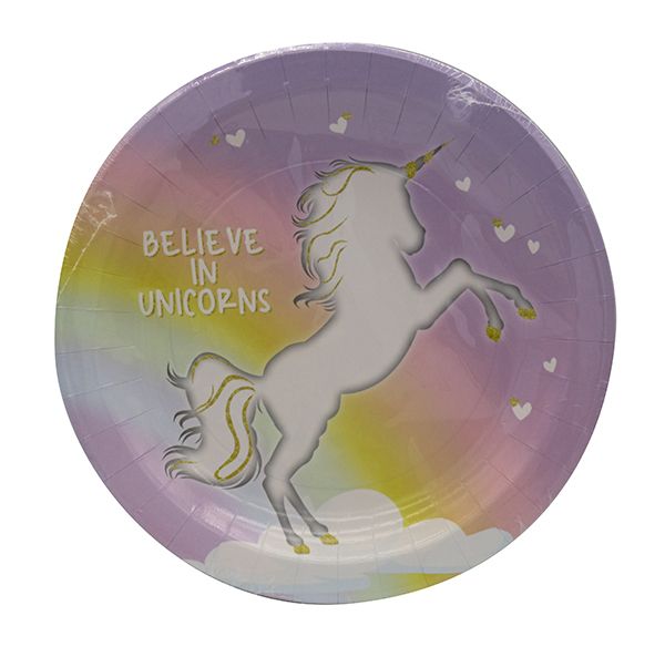 RAINBOW UNICORN PAPER PLATES LARGE 23CM 8CT