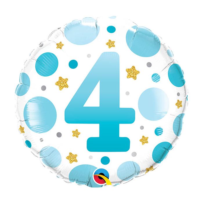 18 INCH FOIL RND AGE 4 BLUE DOTS 1CTP