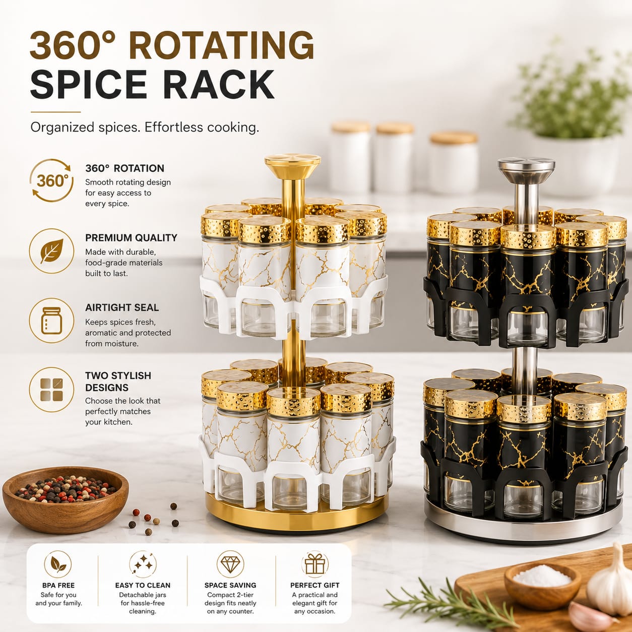 Marble Bottles Rotating Spice Storage Rack