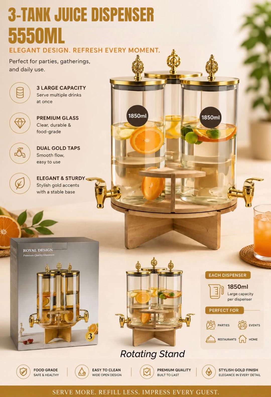 Rotatable 3 Tank Juice Dispenser With Wooden Stand