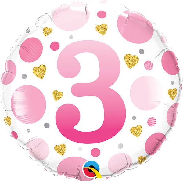 18 INCH FOIL RND AGE 3 PINK DOTS 1CTP