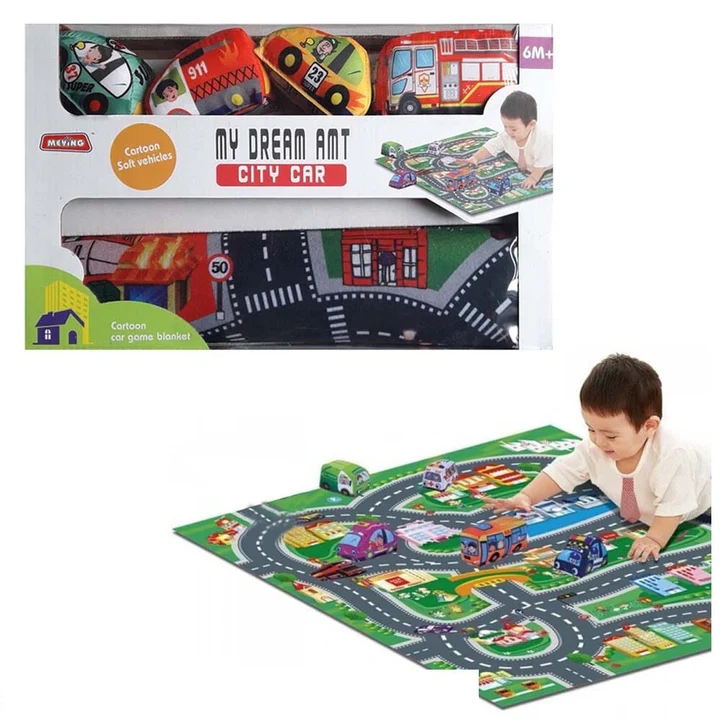 Baby Car Play Mat with 4 Soft Vehicles