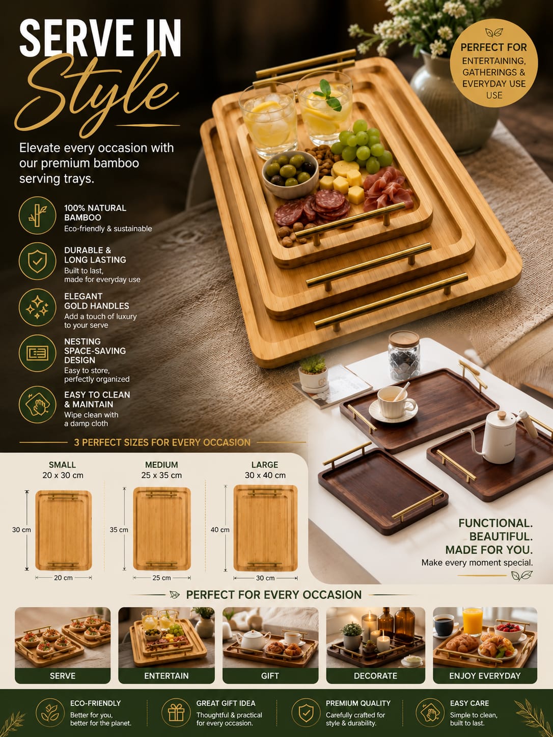 3 Piece Bamboo Tray Set Type 2