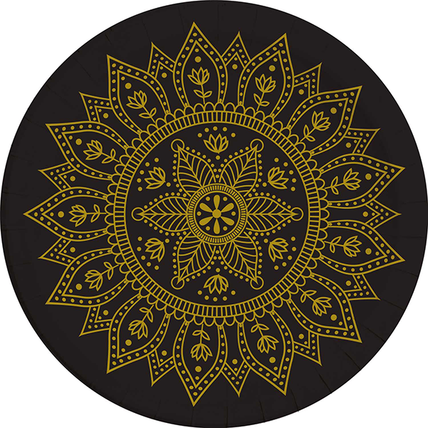 MANDALA BLACK AND GOLD PAPER PLATE 23CM 8CT