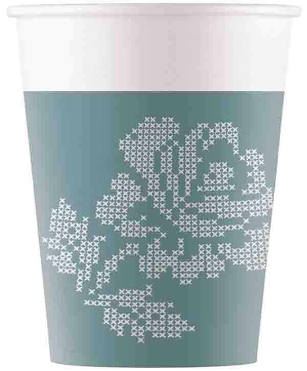TURQUOISE FABRIC FLOWERS PAPER CUPS 200ML 8CT