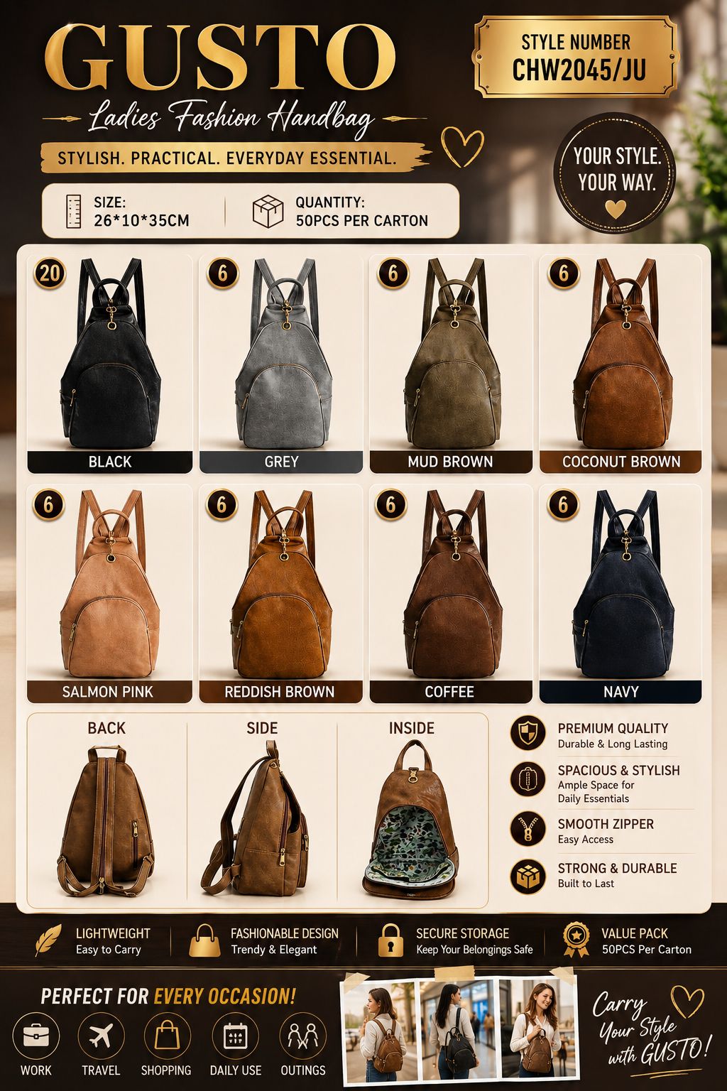 Ladies Fashion Backpack Handbag