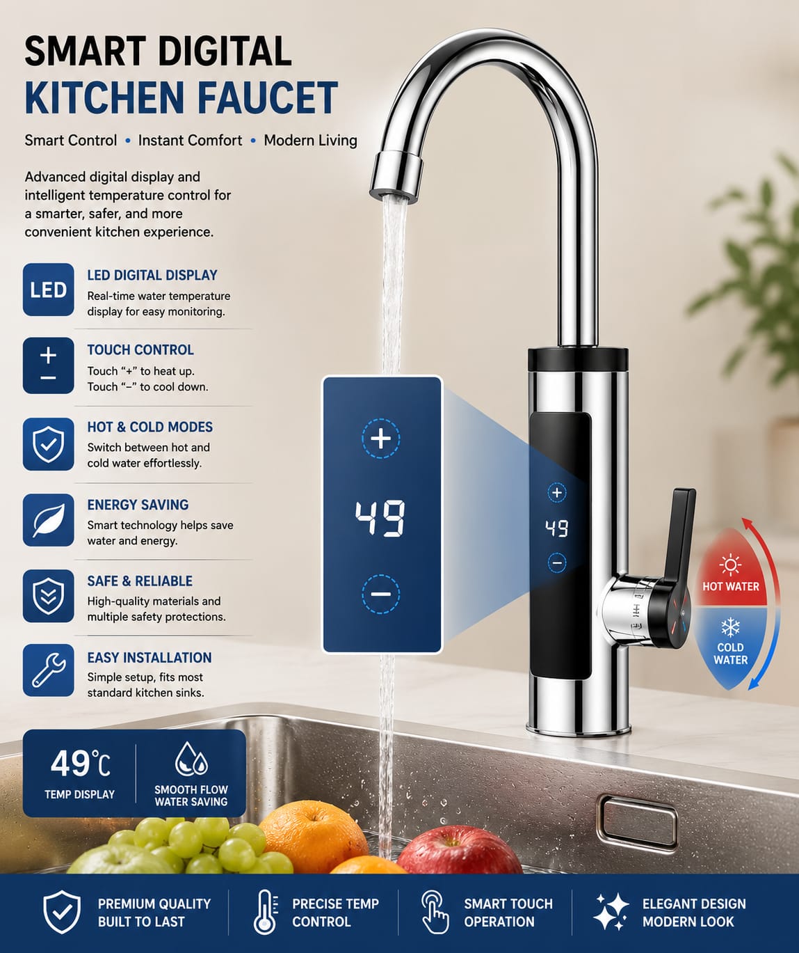 Instant Hot Water Electric Faucet With A Digital Temperature Display & Touch Control