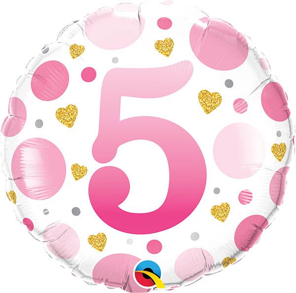 18 INCH FOIL RND AGE 5 PINK DOTS 1CTP