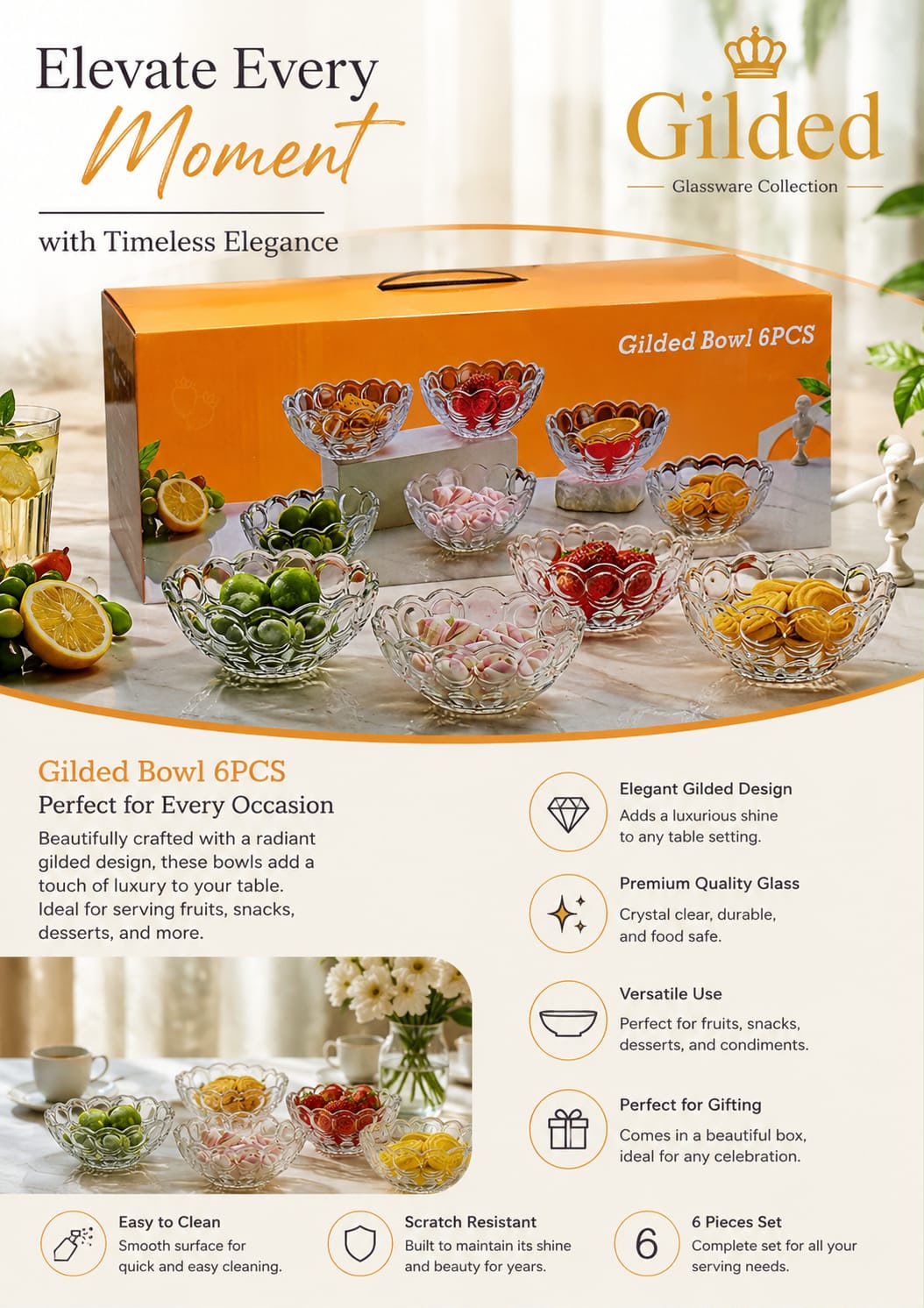 Gilded Dessert Bowl Set 6 Piece