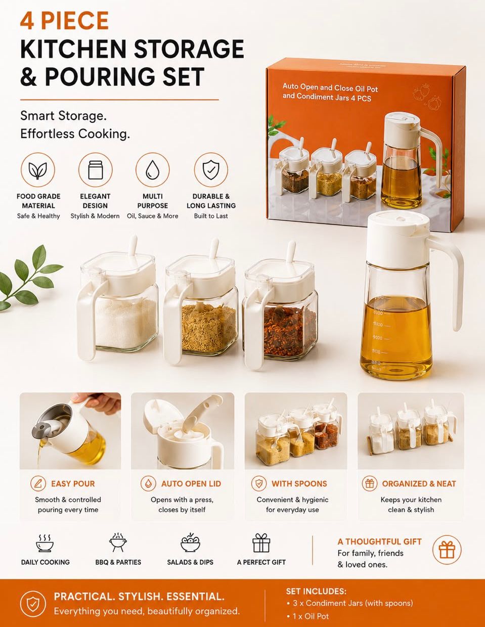 Spice Jars With Oil Bottle 4 Piece Set