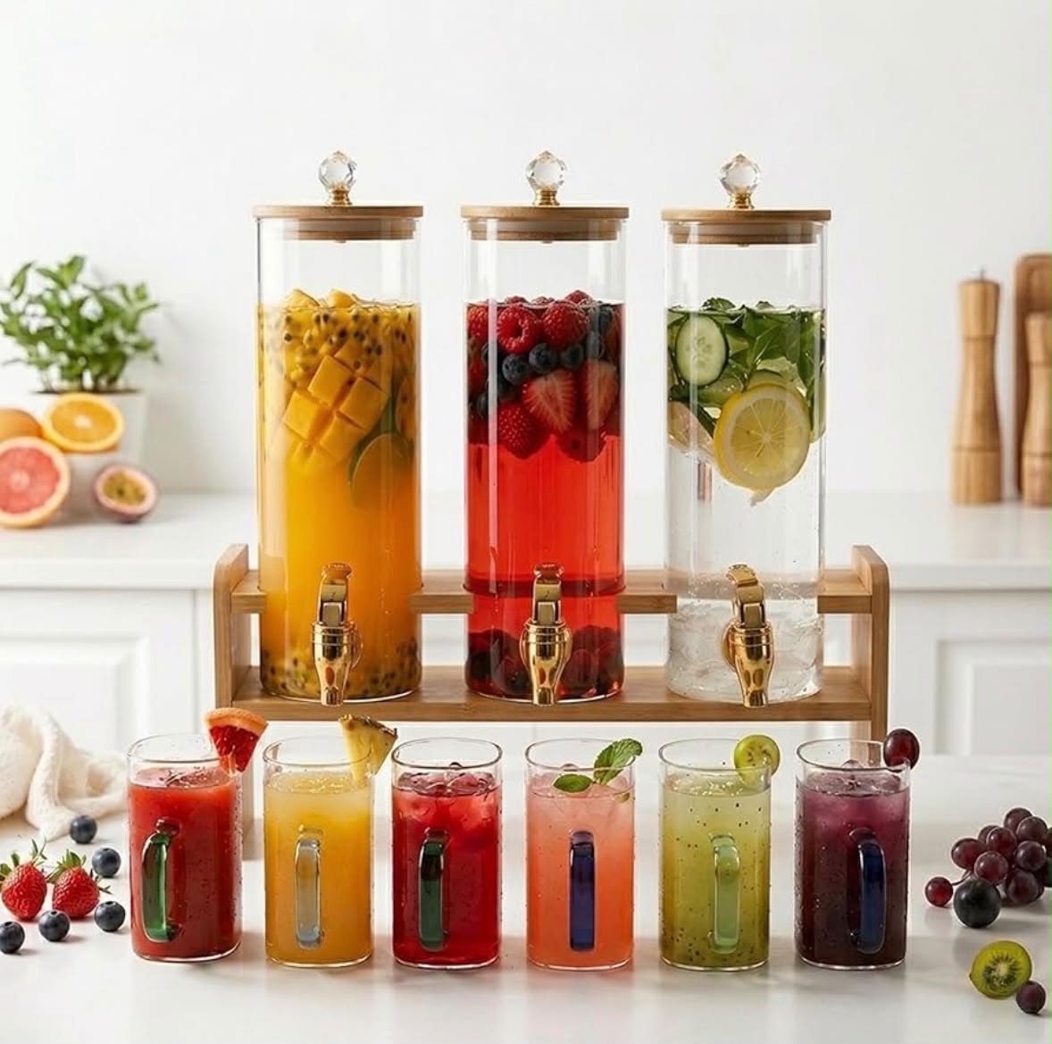 3 Tank Juice Dispenser With Wooden Stand