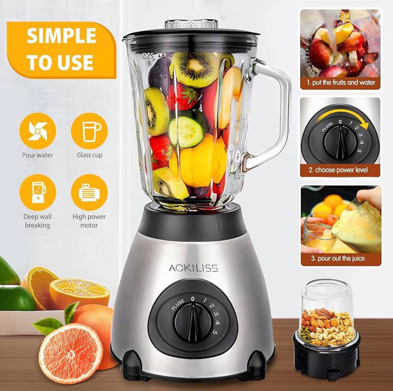 Ackiliss Glass Blender With Coffee Grinder