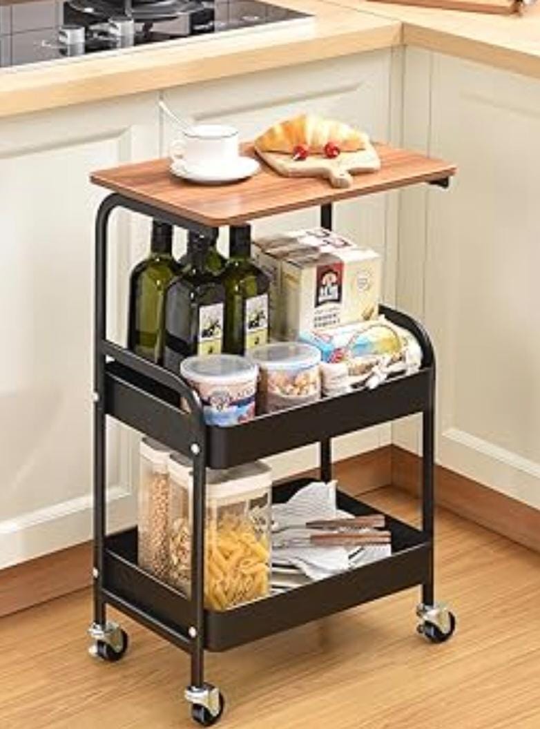 3 Tier Multifunctional Rolling Storage Cart With Wooden Tabletop