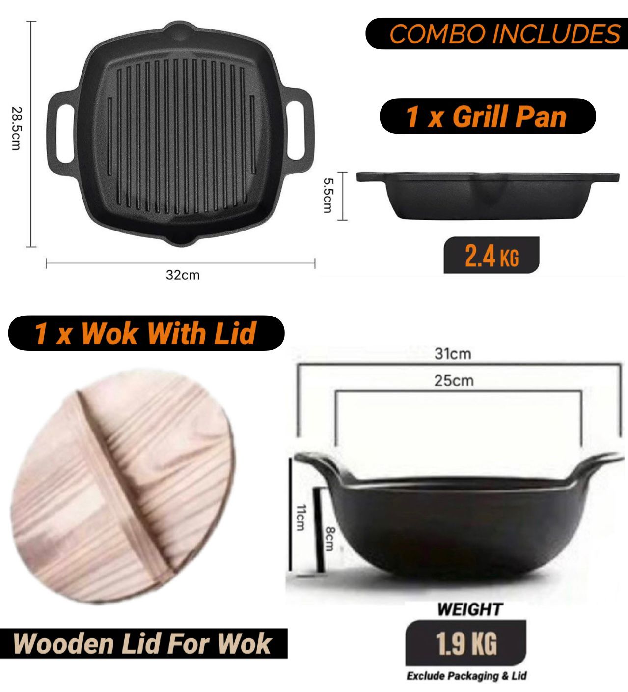 Cast Iron Pan Combo Grill Pan And Wok