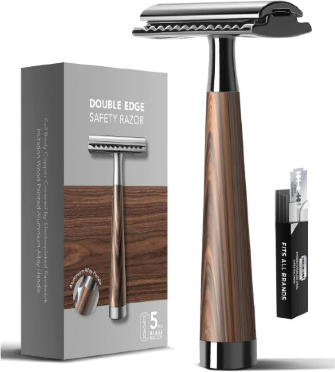 Double Edge Safety Razor With A Faux Wood Handle