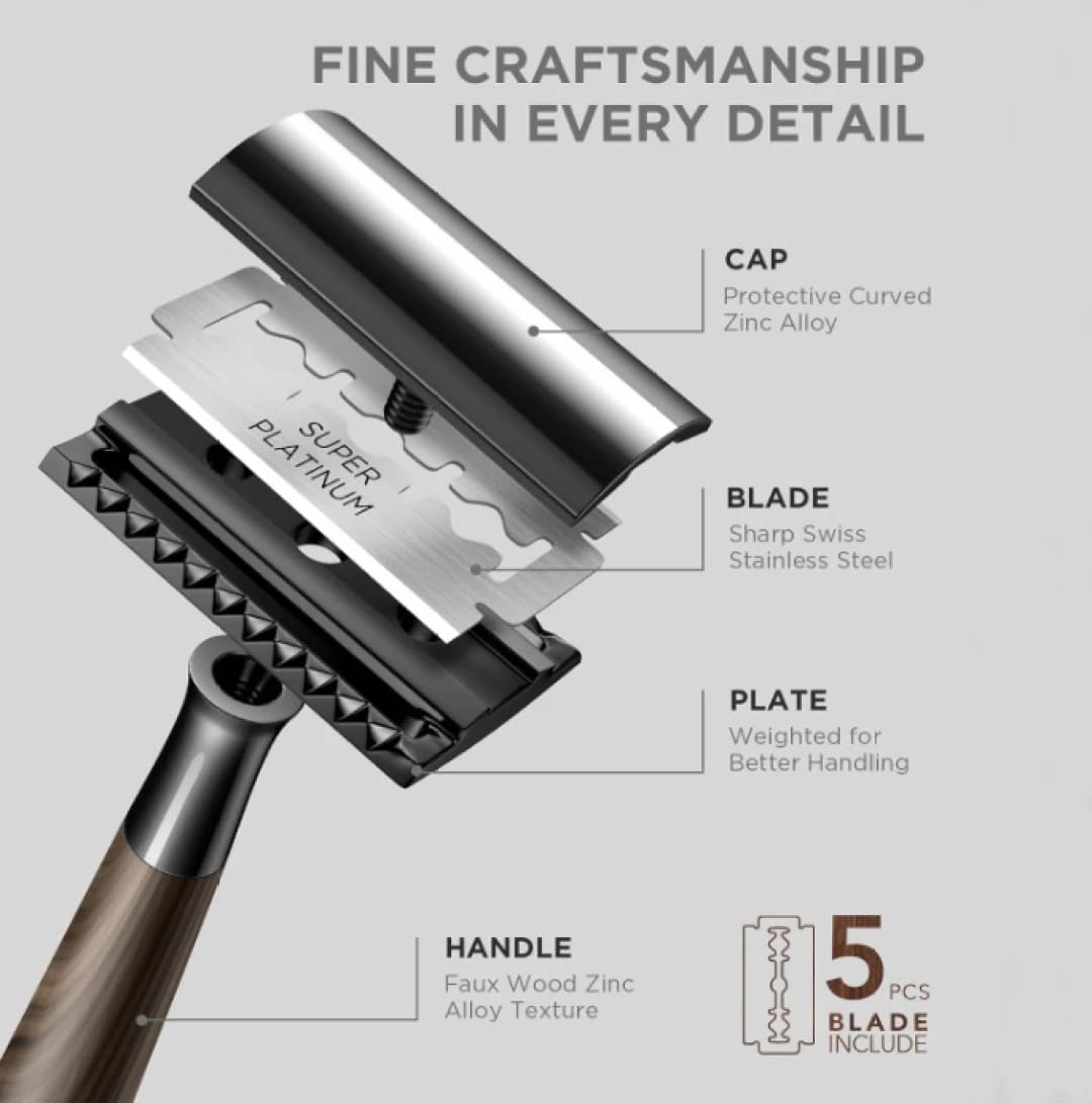 Double Edge Safety Razor With A Faux Wood Handle