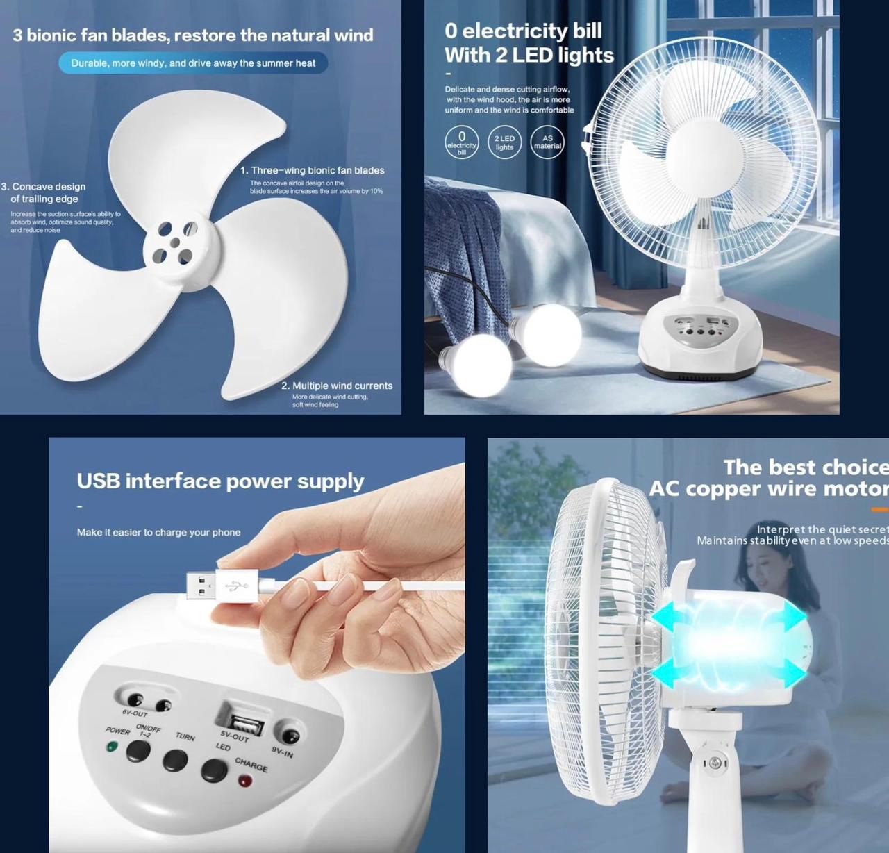 Rechargeable Solar Fan With 2 Bulb 12 Inches