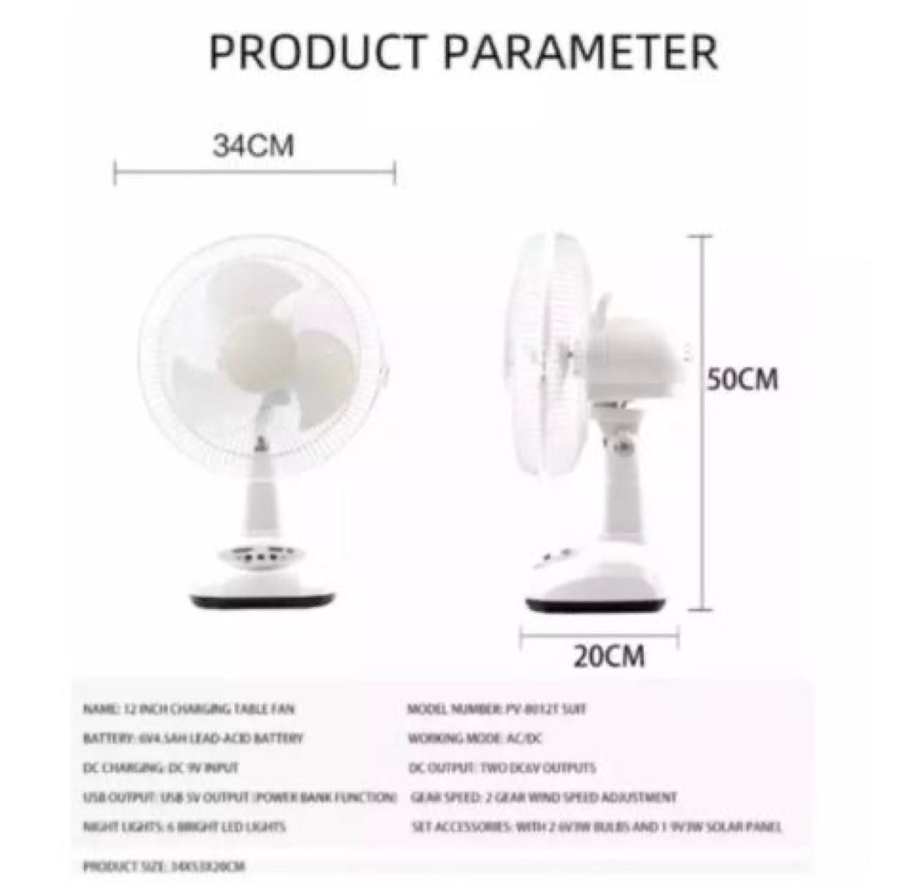 Rechargeable Solar Fan With 2 Bulb 12 Inches