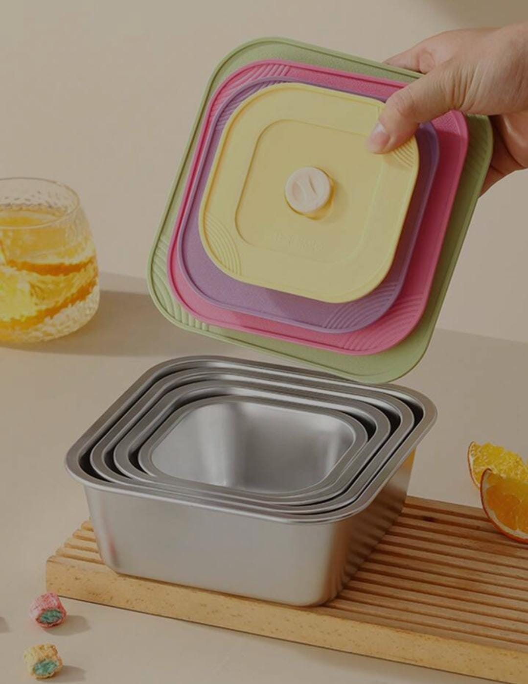 Stackable Stainless Steel Food Storage Containers With Colored Lids