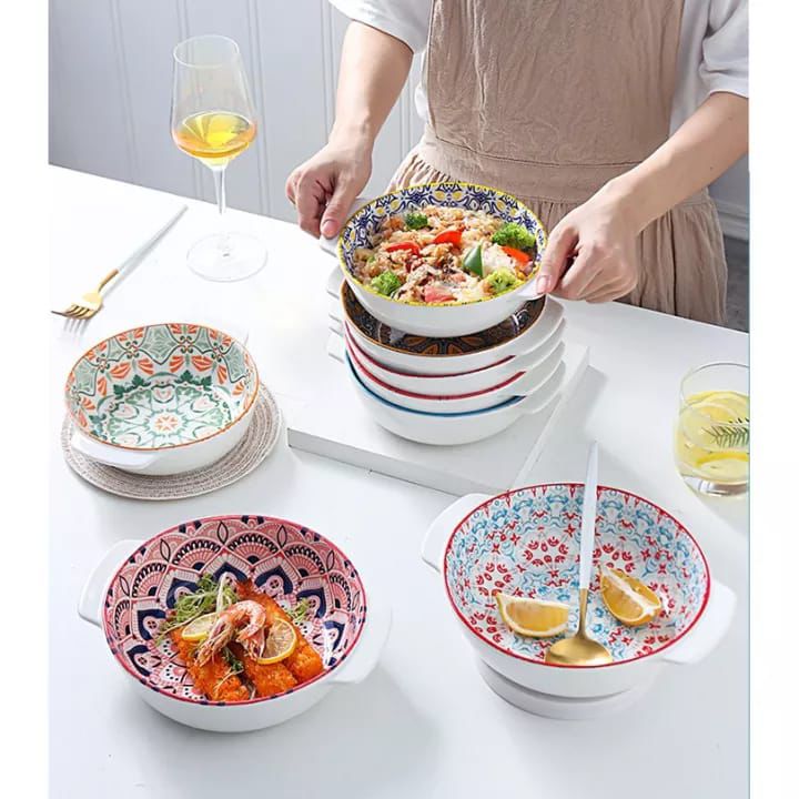 6 Piece Ceramic Handled Soup Bowl Round Assorted