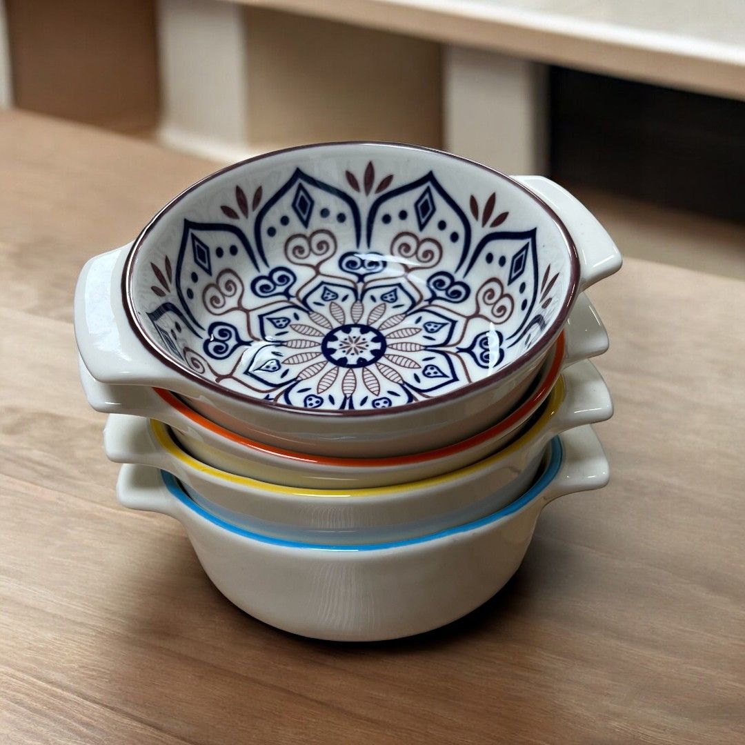 6 Piece Ceramic Handled Soup Bowl Round Assorted